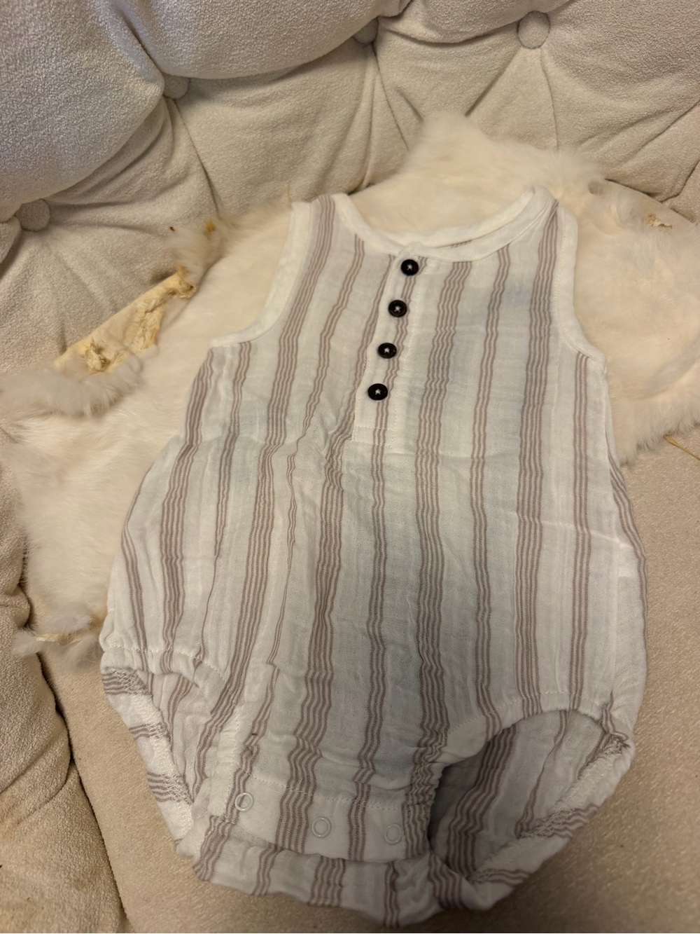 Striped Sleeveless Baby One-Piece Bodysuit - White and Taupe